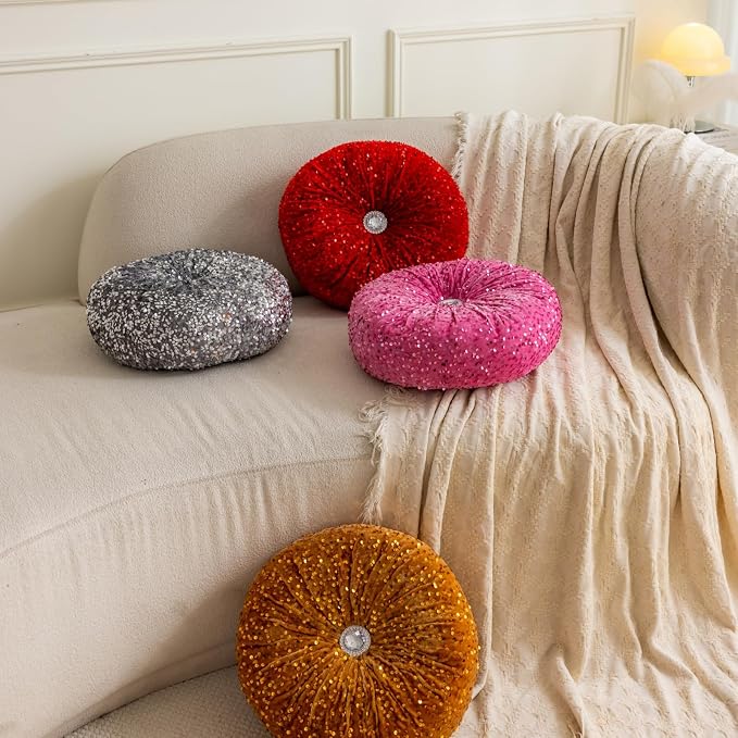 Round Throw Pillow, 13.7in Soft Solid Color Sequin Glitter Decorative Round - Image 6