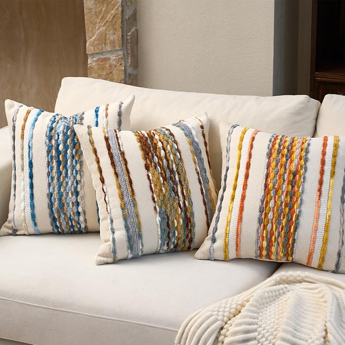 Aeckself Boho Pillow Covers 18x18 Inch Set of 2, Farmhouse Decorative Striped - Image 4