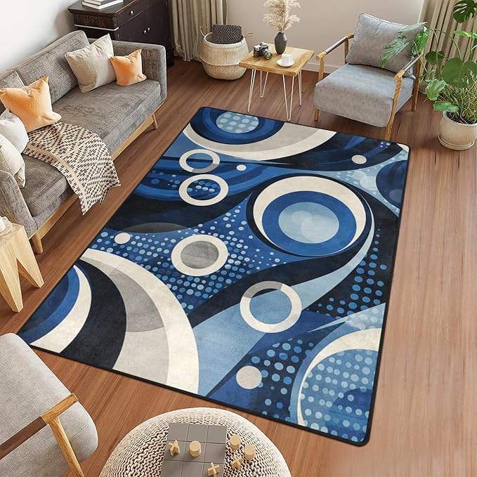 9CH Modern Wavy Circles Area Rug 7' X 5' Navy Blue Abstract Geometric Washable - Image 3