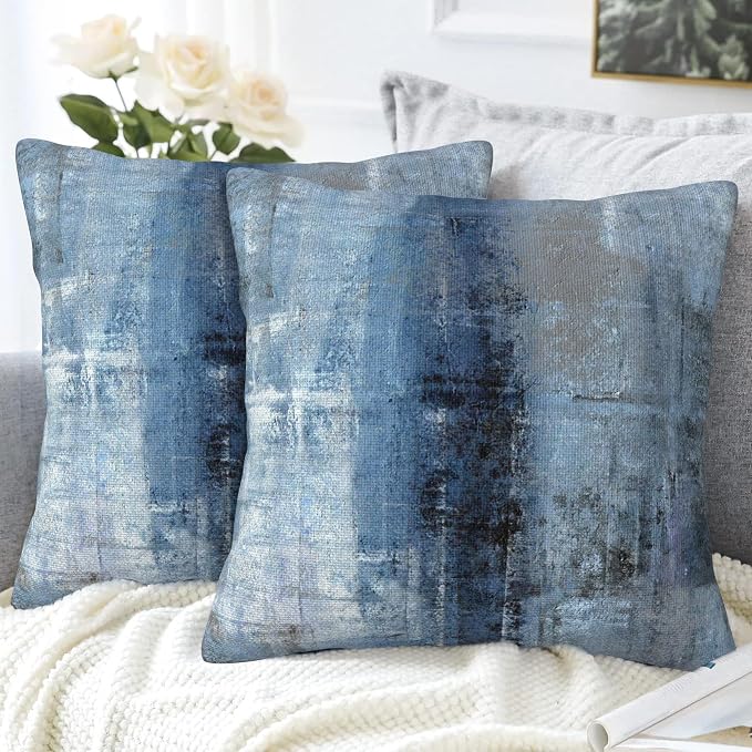 Throw Pillow Cover Case Blue and Grey Abstract Art Pillow Covers 16x16 Inch Set - Image 4