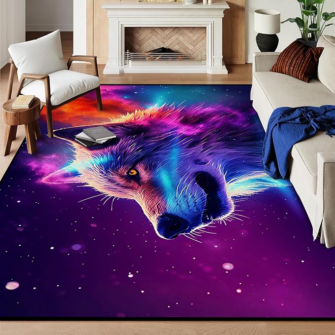 6' x 9' Galaxy Wolf Rug Large 3D Fierce Wolves Space Area Rugs by CERYUEE