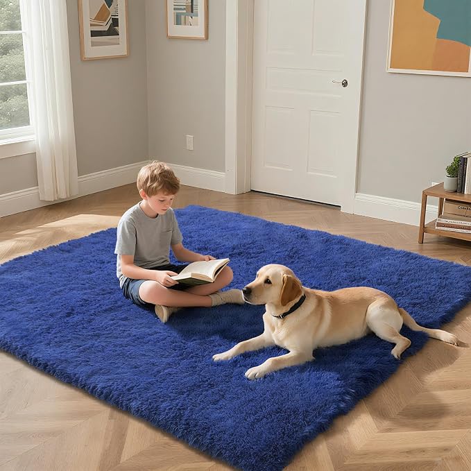 Blue Fluffy Rug Shaggy Area Rug, 9x12 Area Rugs - Image 4