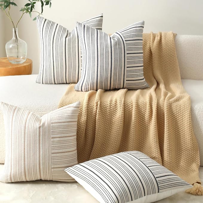 DWR Striped 3D Textured Weave Throw Pillow Covers 20x20 Set of 2, Polyester - Image 4
