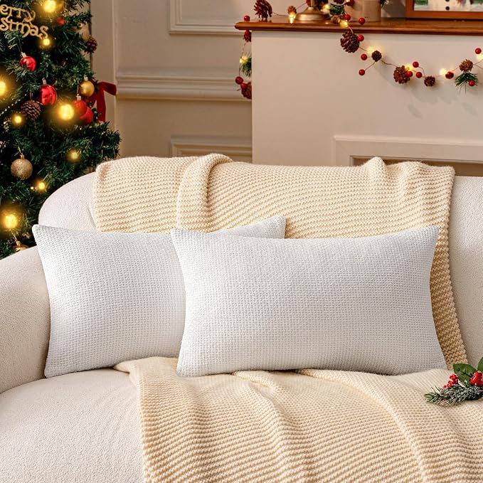 a moment Christmas White Chenille Throw Pillow Covers 12x20 Inch Pack of 2 by amoment
