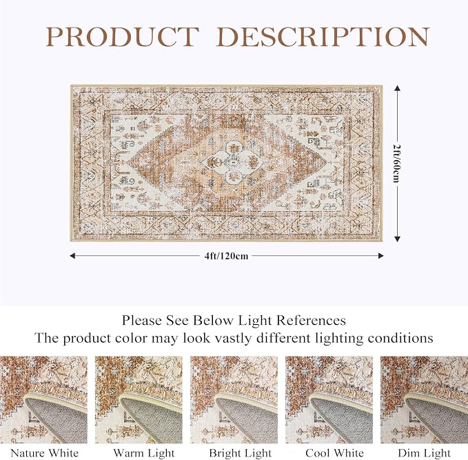 Lahome Boho 2x4 Rug Runner, Non-Slip Low-Pile Washable Kitchen Rugs Small Throw - Image 2
