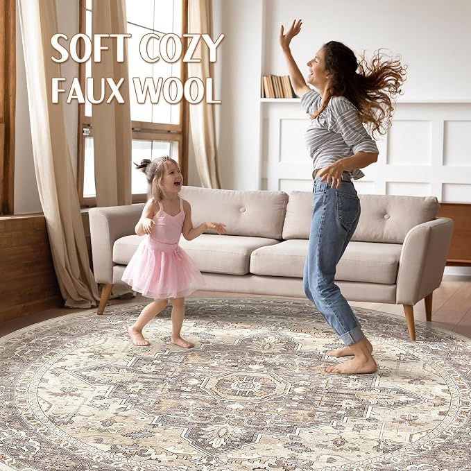 Round Rug Living Room Rugs: 8Ft Washable Boho Neutral Large Circle Soft Indoor - Image 3
