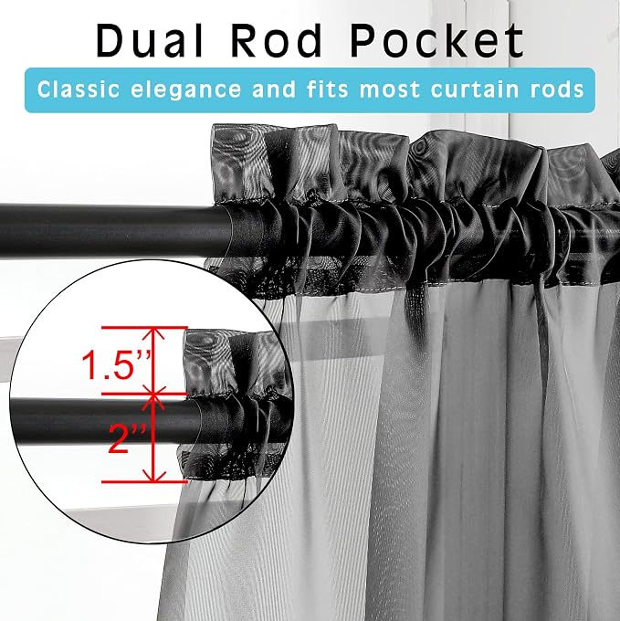 OVZME 45 Inches Length Black Sheer Curtains - Image 2