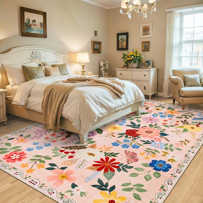 Area Rugs 9x12 Living Room: Floral Washable Rug Vintage Large Soft Boho - Image 3