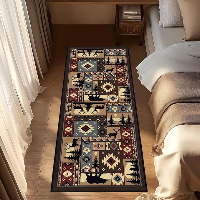 Cabin Wildlife Runner Rug 2x6, Buffalo Plaid Bear Moose Deer Country, Vintage - Image 5
