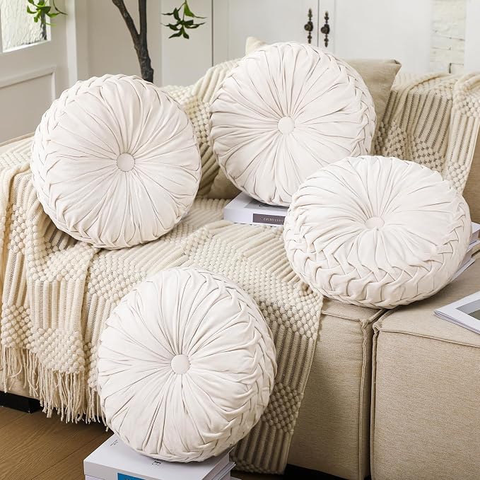 4 Pcs Round Throw Pillows 15 Inch Decorative Velvet Pleated Pumpkin Floor Boho - Image 4