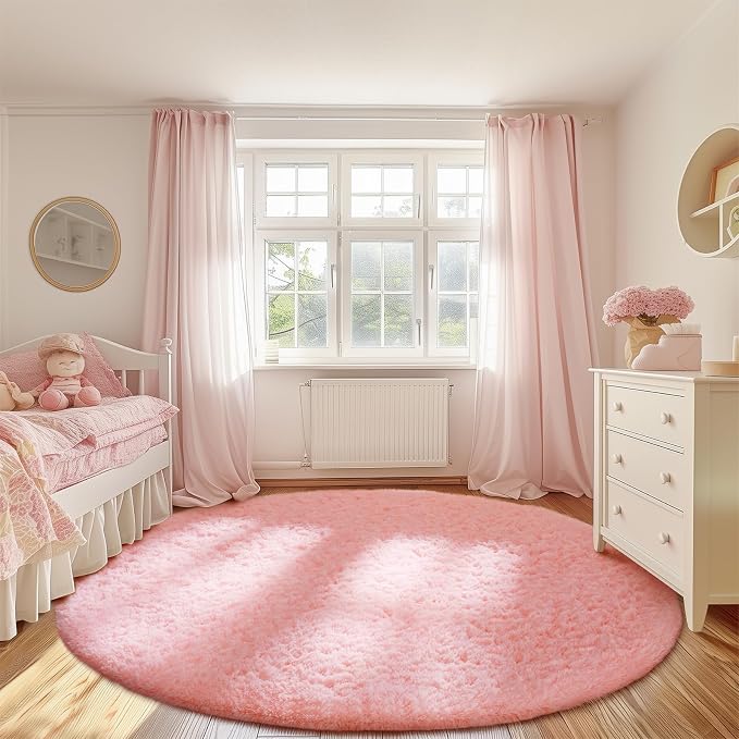 Ophanie Round Rugs 8Ft Pink Circle Area Rug, Fluffy Fuzzy Bedroom Carpet - Image 3