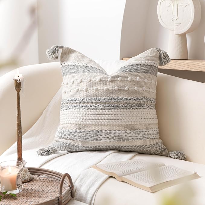 BlissBlush Gray Boho Decorative Throw Pillow Cover 18x18 Square Farmhouse - Image 6