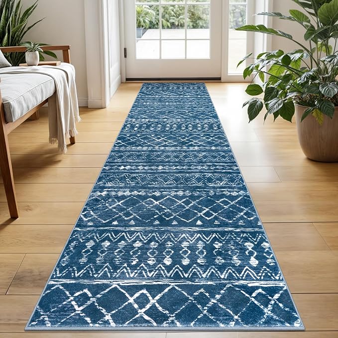 KUTA Moroccan Washable Hallway Runner Rug, 2x6 Non-Slip Vintage Blue Boho Rugs by KUTA