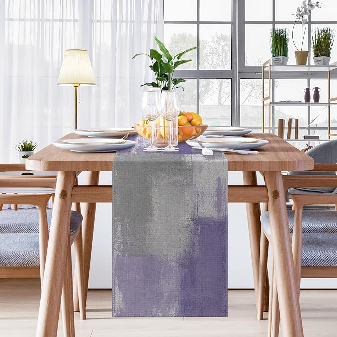Emvency Farmhouse Table Runner, Vintage Purple Grey Abstract Art Painting - Image 5