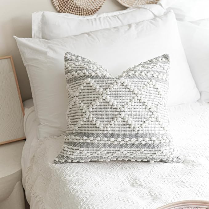 BlissBlush Gray White Decorative Throw Pillow Cover 20X20, Boho Accent Pillow - Image 4