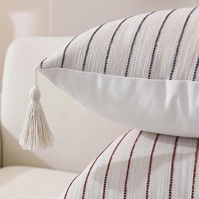 Boho Throw Pillow Covers 20x20 Inch Set of 2, Textured Linen Striped Square - Image 6