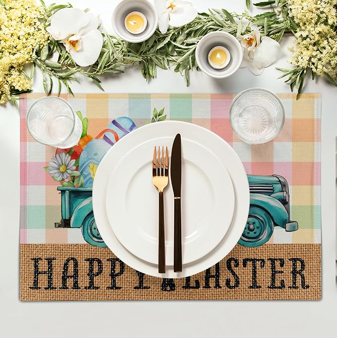 Happy Easter Placemats Set of 4 Pink Yellow Blue Buffalo Plaid Truck Eggs Daisy - Image 3