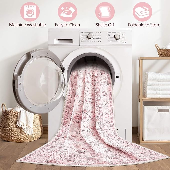 Pink Rugs for Bedroom Girls: 8x10 Washable Boho Large Neutral Cute Soft Area - Image 2