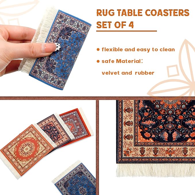 4 Pieces Rug Table Coasters Table Drink Holders Oriental Design Fabric Carpet - Image 3