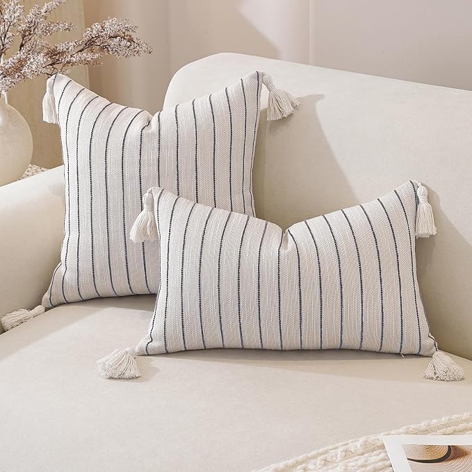 Boho Lumbar Pillow Covers 14x36 Inch Long, Textured Linen Striped Cushion Covers - Image 5