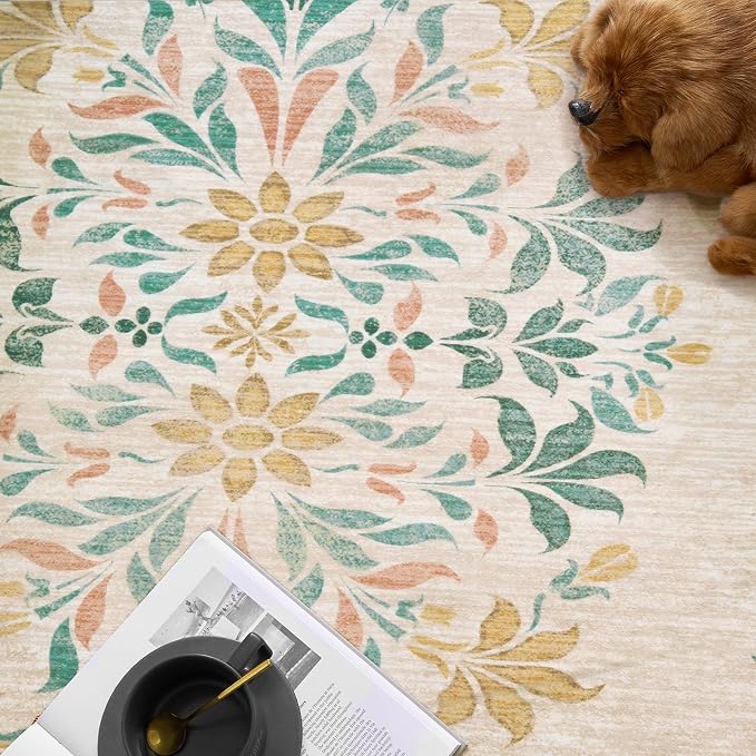 jinchan Round Rug 6ft Area Rugs Vintage Floral Distressed Design, Machine - Image 7