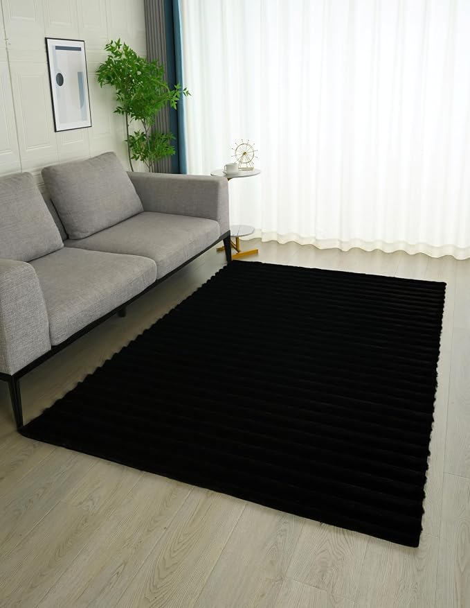 GLORY RUGS Area Rugs Striped Soft Faux Rabbit Fur Rug 5x7 Becky Black Plush - Image 2
