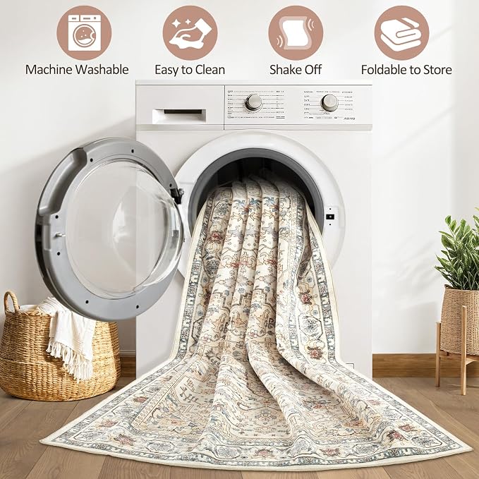7x10 Area Rug Living Room: Washable Boho Large Neutral Vintage Soft Rugs Stain - Image 2