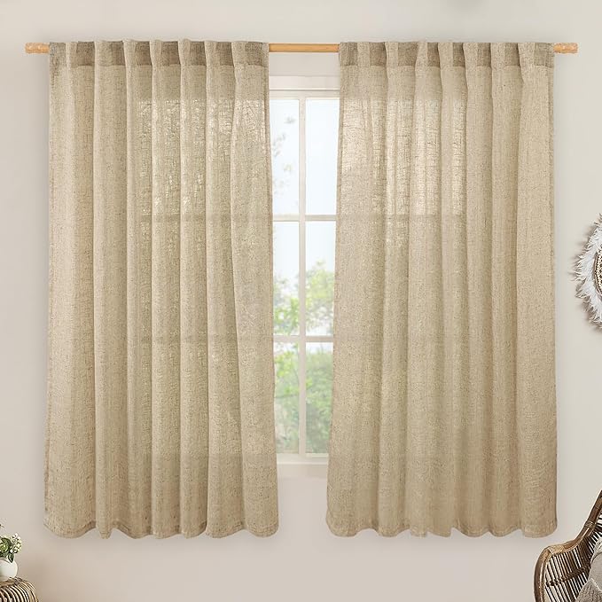 LAMIT Linen Curtains 63 Inch for Bedroom, Light Filtering Neutral Semi Sheer by LAMIT