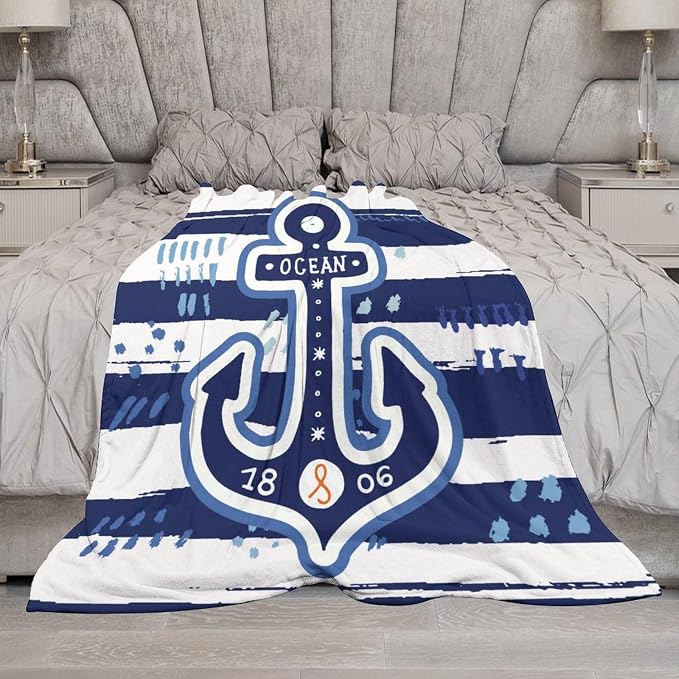 Nautical Anchor Blanket Modern Cartoon Anchor Ocean Adventure Blue White Soft - Image 5