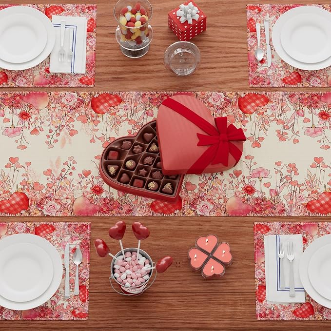 XCHI Wild Flowers Love Hearts Valentine’s Day Table Runner Table Decoration - Image 4