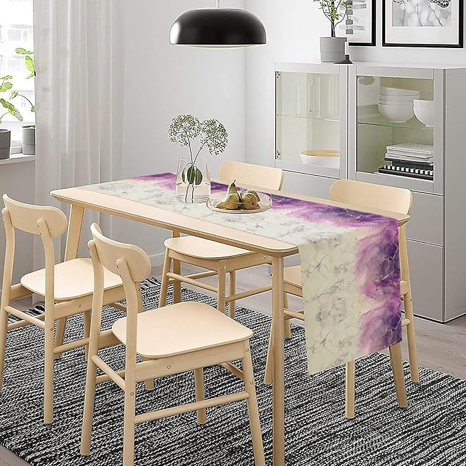 Abstract Marble Dining Table Runner, Modern Purple Golden Watercolor Table - Image 4