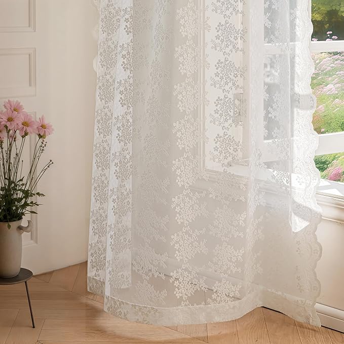 Anmao Vintage Lace Valance Kitchen Curtains 24 Inches Long 2 Panels, Semi Sheer - Image 7
