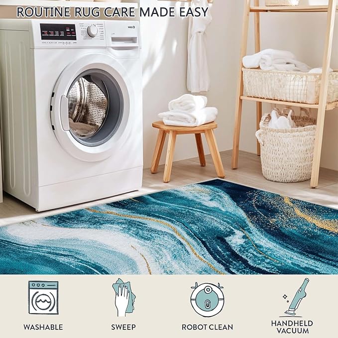 2x3 Abstract Entryway Area Rug Blue White Golden Bathroom Rug Non Slip Machine - Image 8