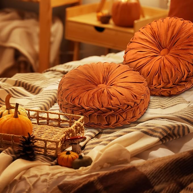 2 Pcs Round Throw Pillows 15 Inch Decorative Velvet Pleated Pumpkin Floor Boho - Image 5