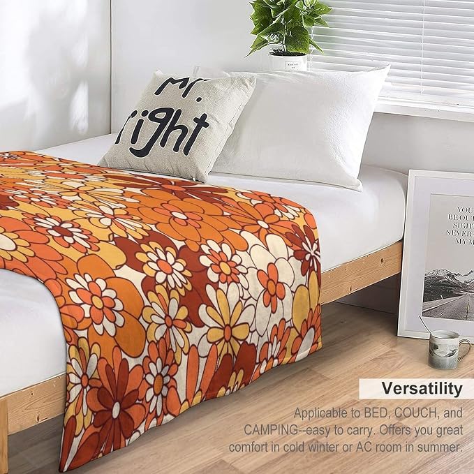 Vintage 70s Throw Blanket, Boho Hippie Bright Orange Flowers Groovy Abstract - Image 5