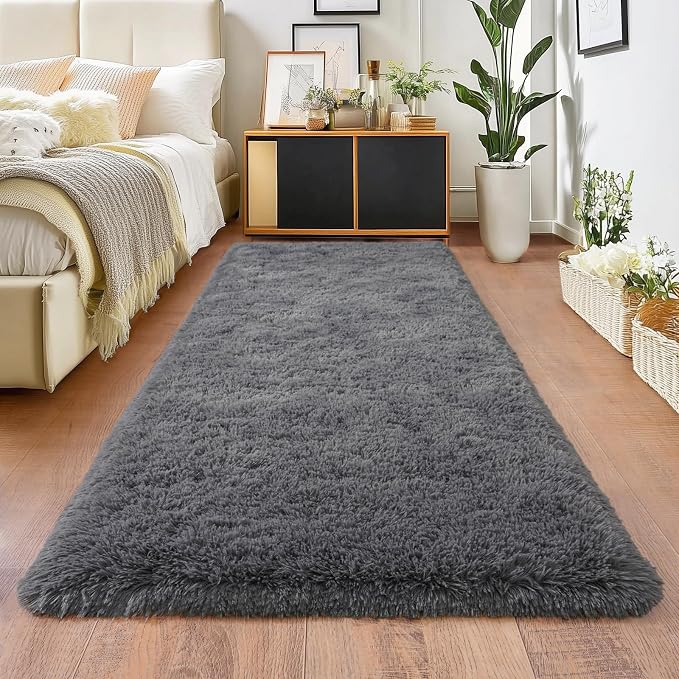Deep Grey Runner Rug for Hallway, Bedroom Bedside Plush Rugs, Non Slip Fluffy by Isdook