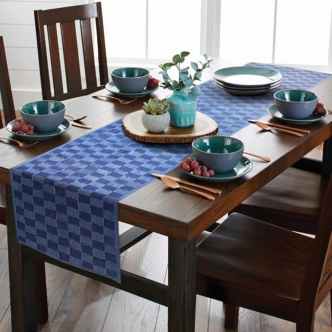 AAYU Denim Table / Bed Runner, Hand Fringed Tape Hand Weaved | 18 Inch X 108 - Image 4