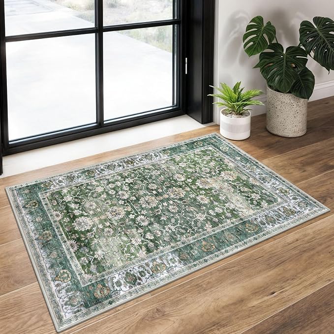KUTA Vintage Floral Green Entryway Rug 2x3, Kitchen Rugs Non-Slip Washable by KUTA