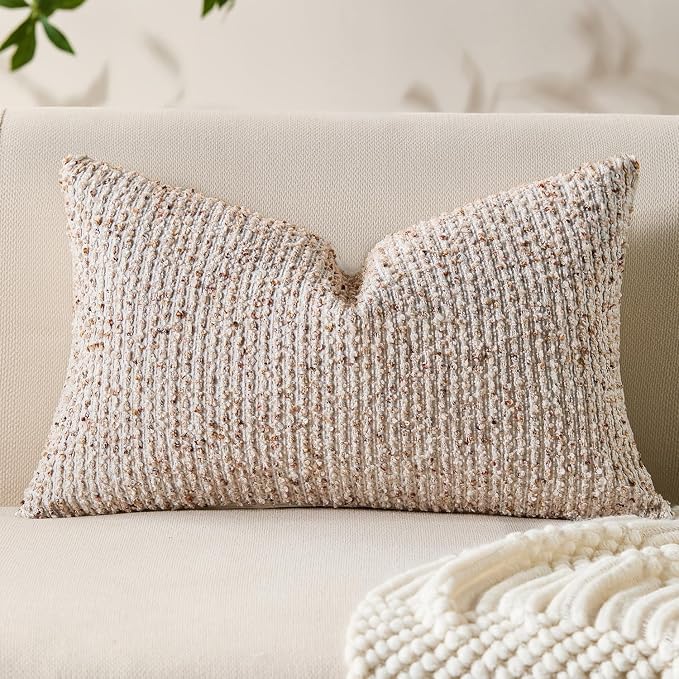 Decorative Lumbar Pillow Cover 12x20 Beige Striped Soft Wool Lumbar Throw by Allorry