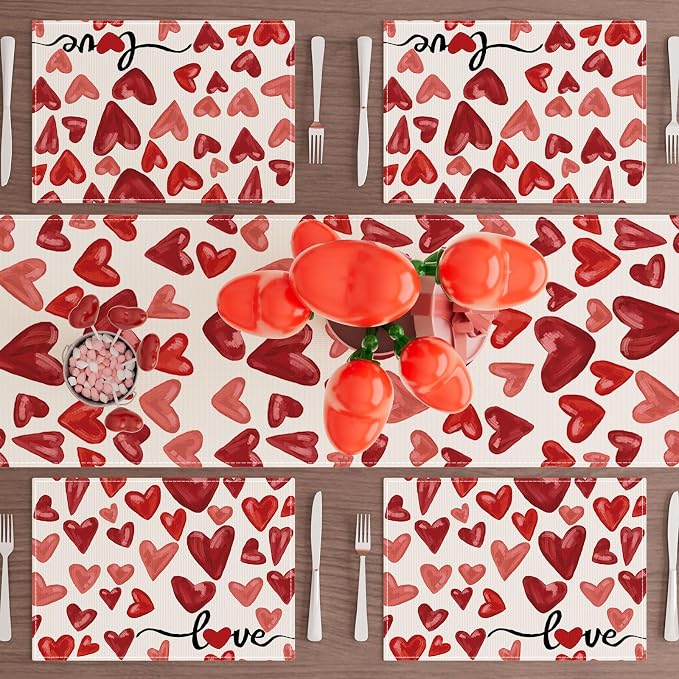 XCHI Watercolor Red Love Hearts Valentine’s Day Placemats Set of 4 Table Mats - Image 2