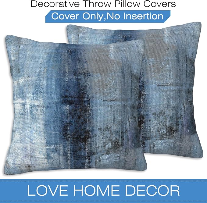 Throw Pillow Cover Case Blue and Grey Abstract Art Pillow Covers 18x18 Inch Set - Image 3