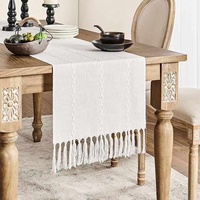 ZeeMart Farmhouse Braided Striped Table Runner, Rustic Ivory Table Runners 60 - Image 2