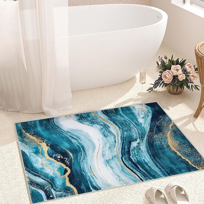 2x3 Abstract Entryway Area Rug Blue White Golden Bathroom Rug Non Slip Machine by Unknown
