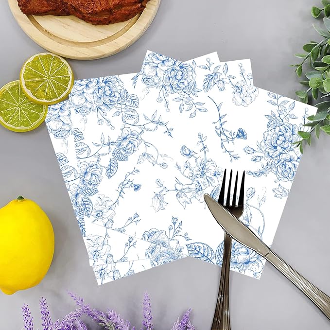 100 Pack Blue Floral Cocktail Napkins Blue and White Floral Toile Paper Napkins - Image 4
