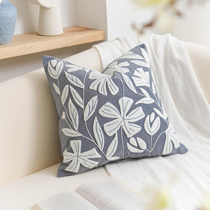 BlissBlush Blue Velvet Decorative Throw Pillow Cover 20X20, Flower Tufted Soft by BlissBlush