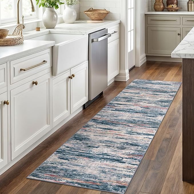 2x6 Modern Abstract Runner Rug for Hallway, Teal Blue Peach Gray Multi Super - Image 2