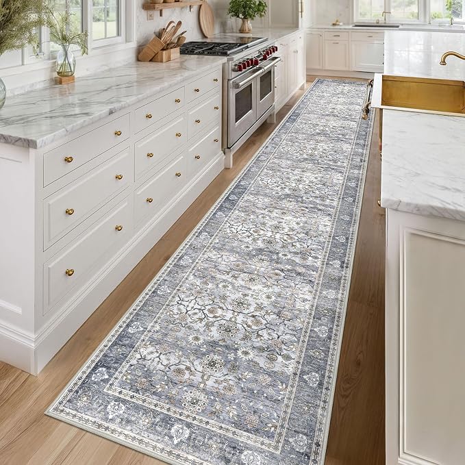 KUTA Vintage Washable Long Hallway Runner Rug, 2.6x16 Grey Blue Non-Slip - Image 2