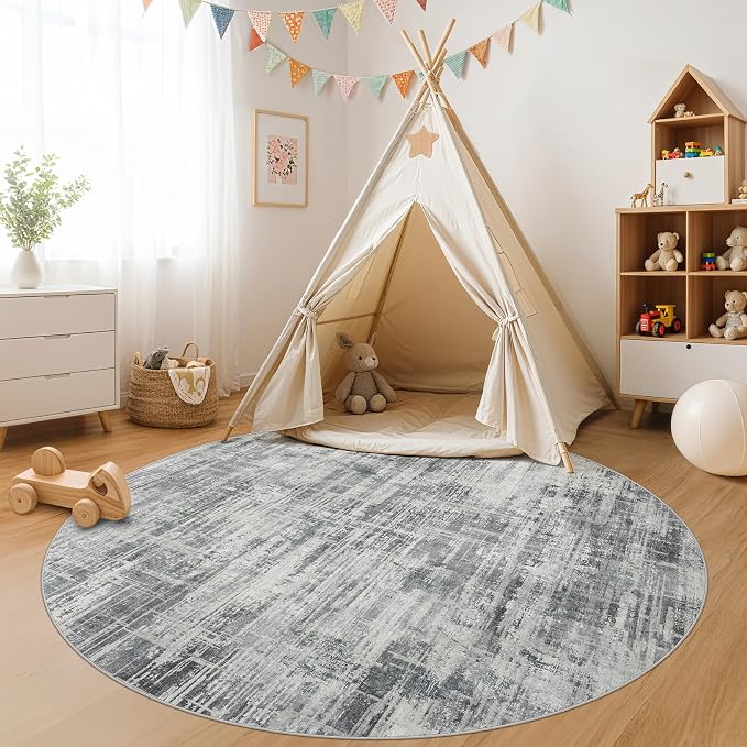 6ft Round Area Rug for Living Room: 6x6 Washable Neutral Abstract Modern Soft - Image 8