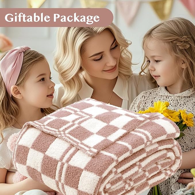 WRENSONGE Checkered Throw Blanket Clay Pink Soft Cozy Fluffy Warm Hand Made - Image 7