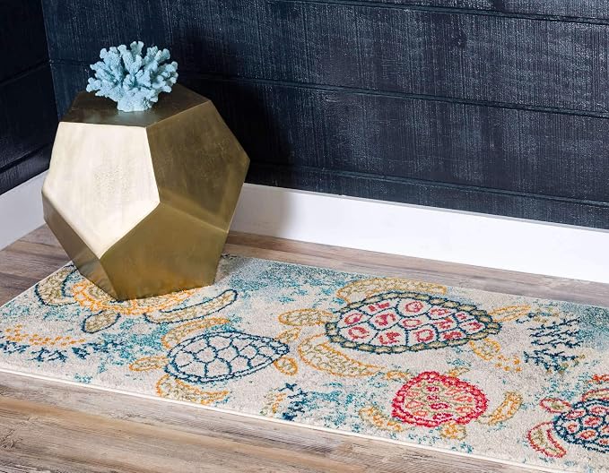 Unique Loom Positano Collection Coastal Modern Turtles Beige Runner Rug - Image 10